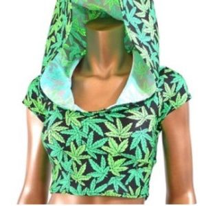 Green Weed print crop top with hood